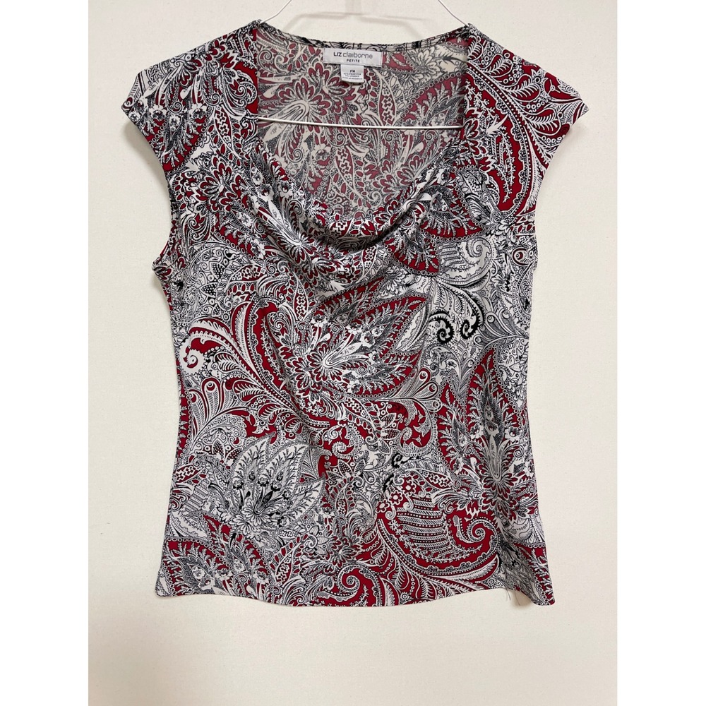 Liz Claiborne Petite Red Paisley Cowl Neck Cap Sleeve Blouse Top PM